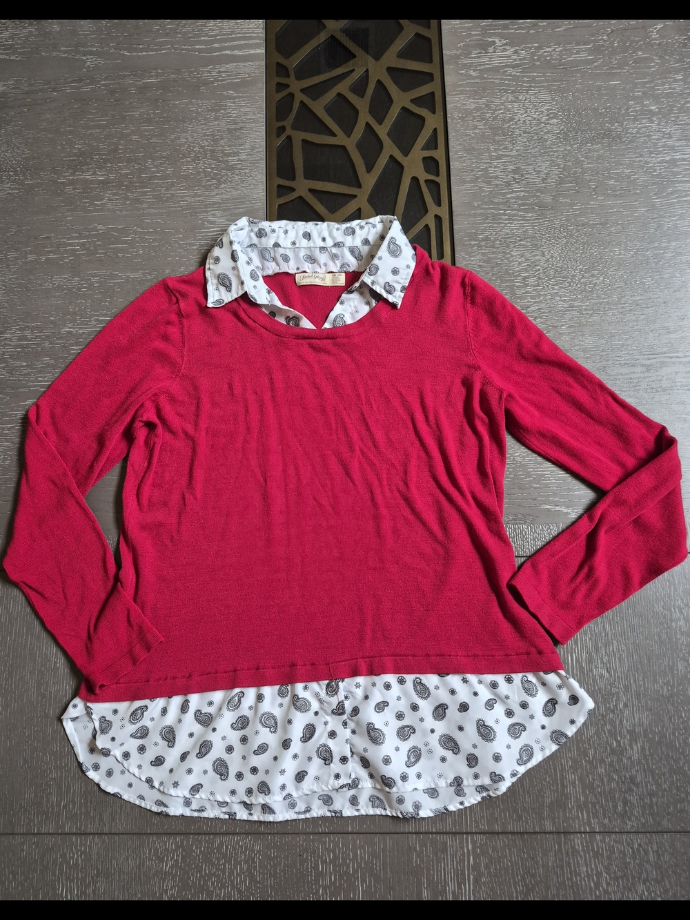 Faded Glory Red Sweater with Paisley-Print Shirt Trim